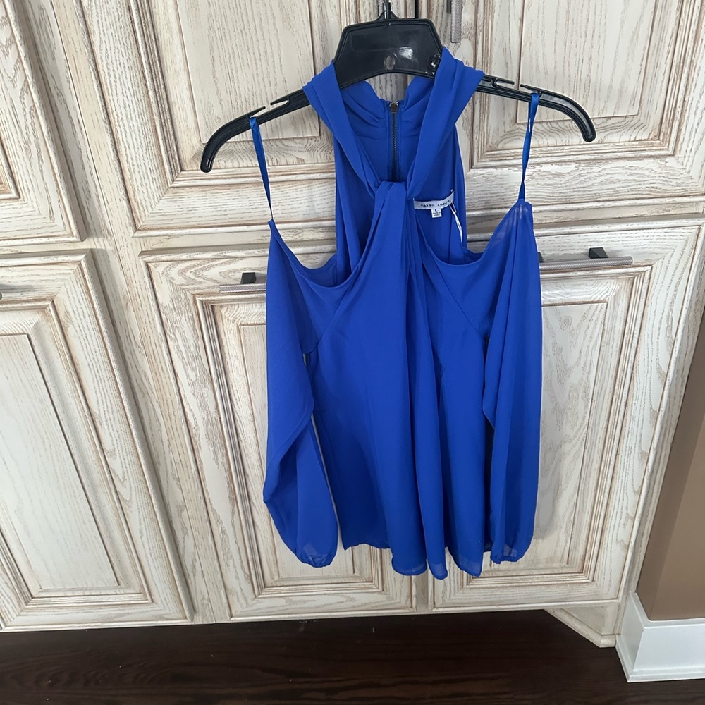 Naked Zebra cold-shoulder blouse with long sleeves and a keyhole neckline
